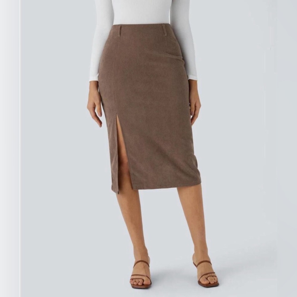 Halara NEW High Waisted Hem Midi Corduroy Casual Skirt Cocoa Brown Medium Career